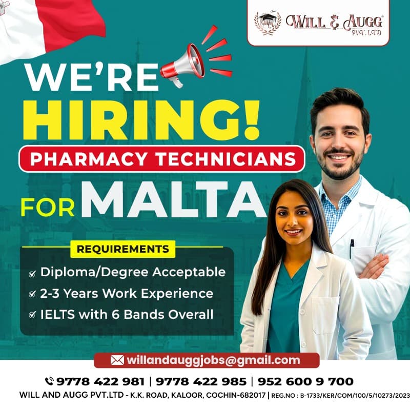 Will & Augg recruitment flyer — pharmacy technicians hiring for Malta (requirements and contact details)